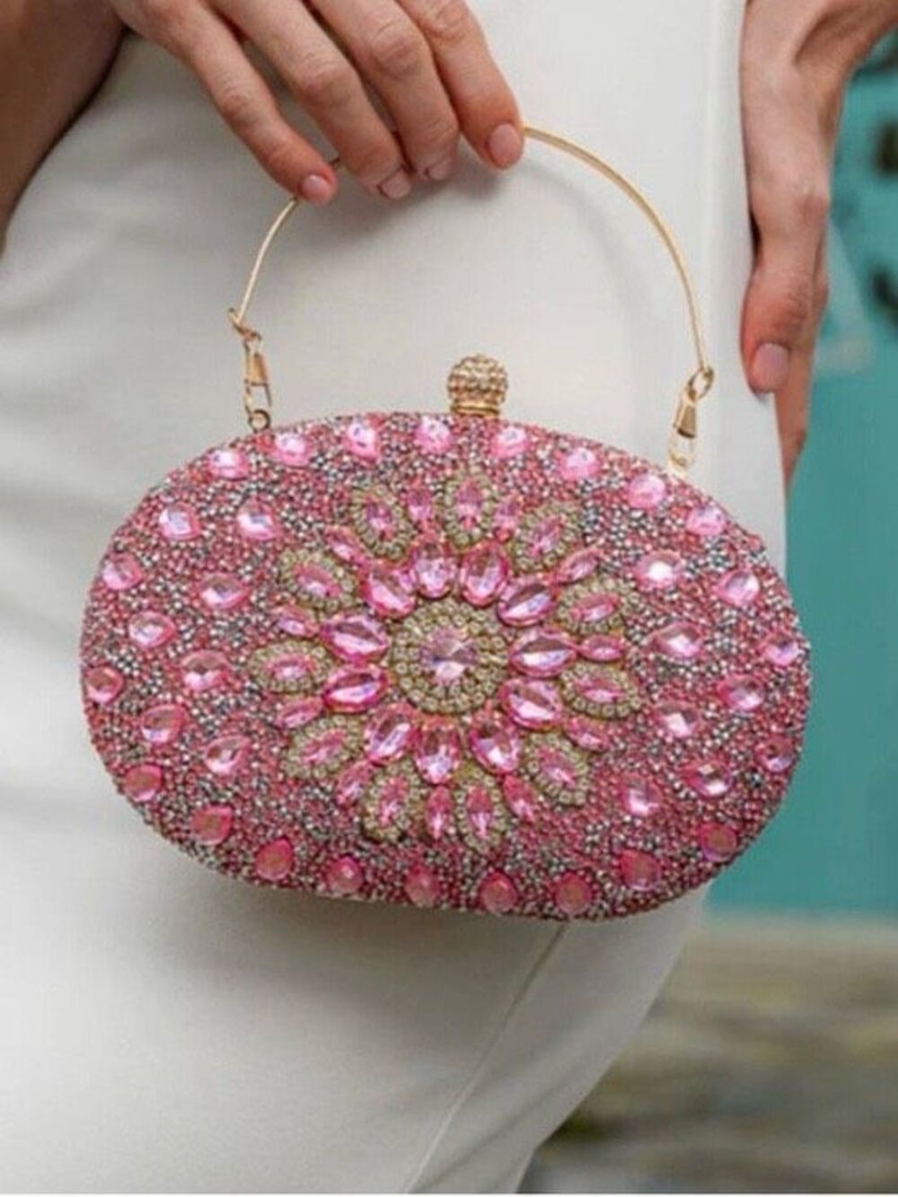 New Ramla Women's Pink Crystal Embellished Clutch Evening Bag